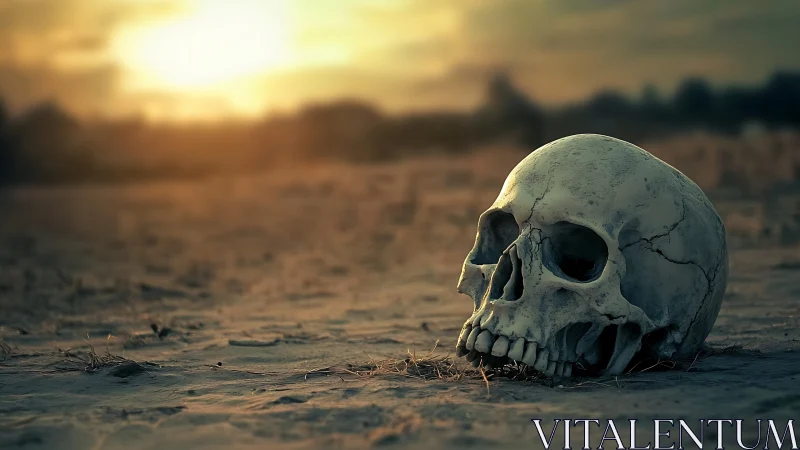 Human skull on barren sandy ground under low sunset light.