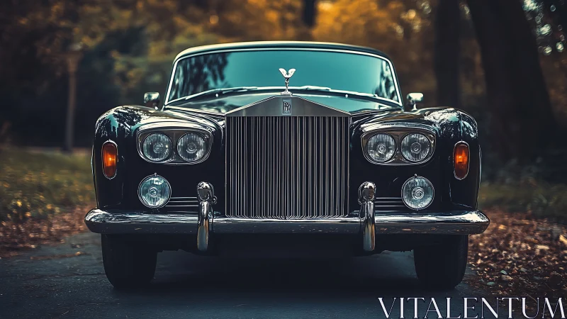 Classic Rolls-Royce gleams on a tranquil autumn forest road
