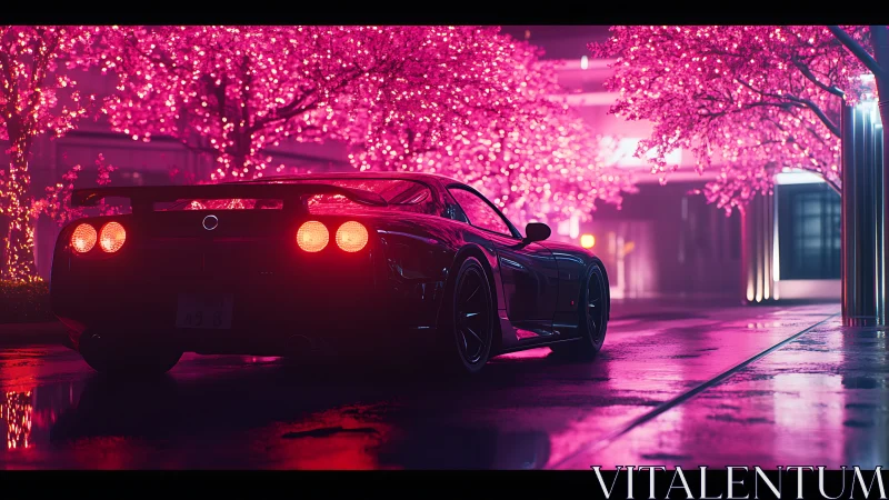 Sports car under neon pink cherry blossom lights at night.