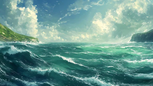 Storm-tossed turquoise sea under vast luminous sky.