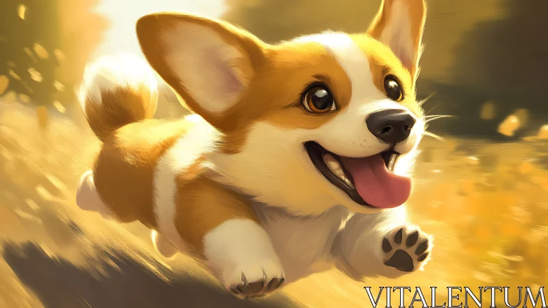 Digital illustration shows corgi dog running in warm light
