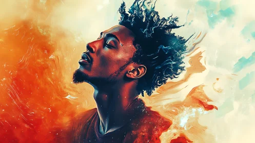 Portrait in flame and sky, expressive digital reverie.