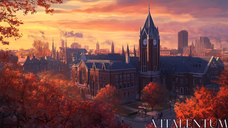 Clock tower campus stands amid dense autumn foliage at dusk