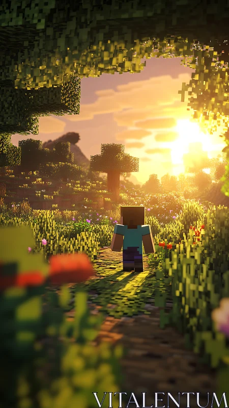 Blocky character walking toward bright voxel sunset.