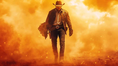 Cowboy strides through liquid firelight in cinematic slow burn