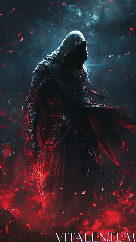 Hooded dark warrior stands in crimson embers and storm clouds