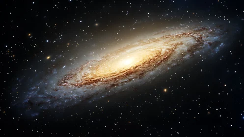 Gentle spiral galaxy glows warmly in a quiet starry night sky