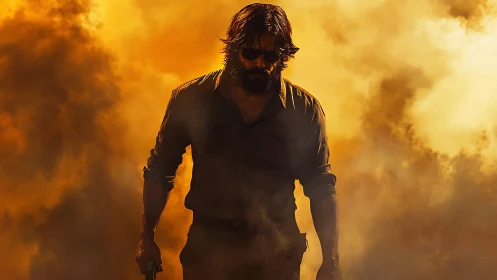 Bearded man with gun walking through dense orange smoke.