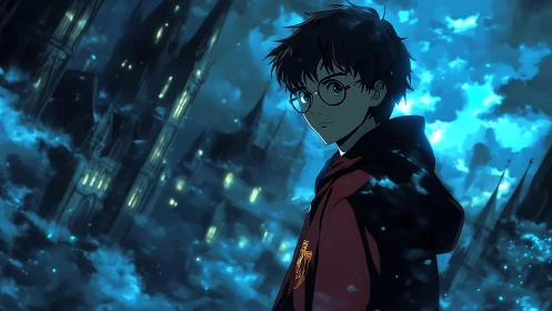 Young wizard in red cloak surveys a glowing gothic castle.