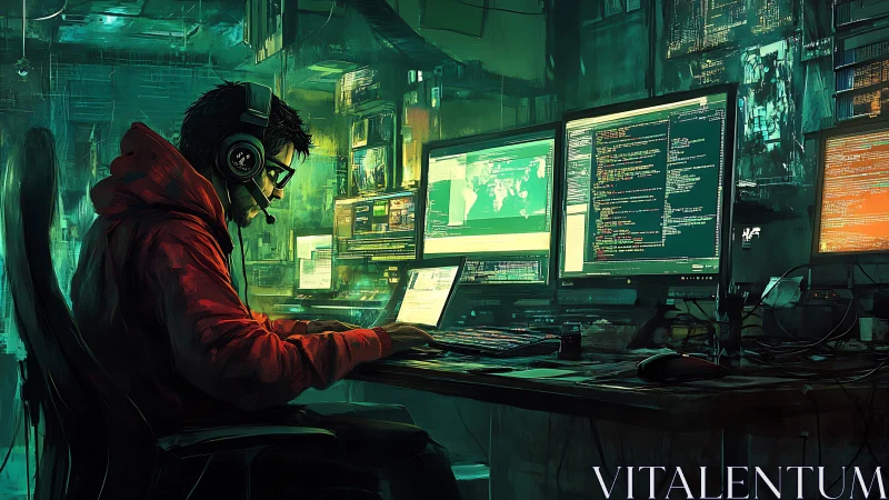 Focused hacker monitors glowing code in a neon cyber lab