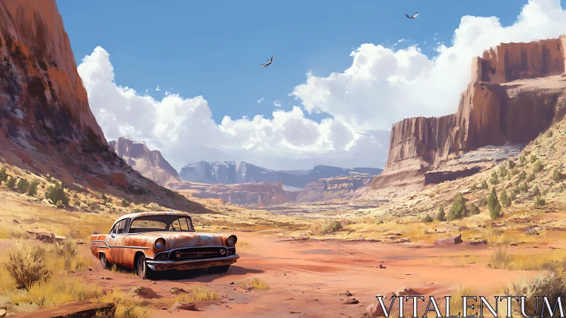 Rusty desert car resting beneath wide canyon skies.
