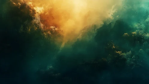 Dreamy golden nebula drifting through deep teal night.