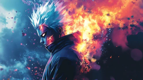 Storm-haired ember warrior stalking the edge of catastrophe.