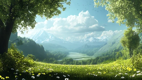 Sunlit alpine valley with wildflower meadow and snow peaks.