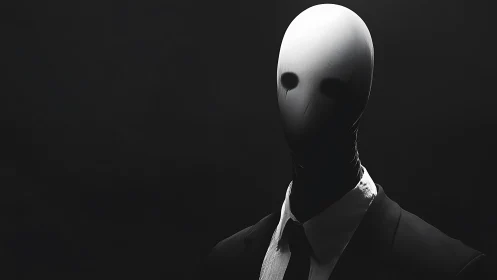 Faceless humanoid figure in suit stands against dark background
