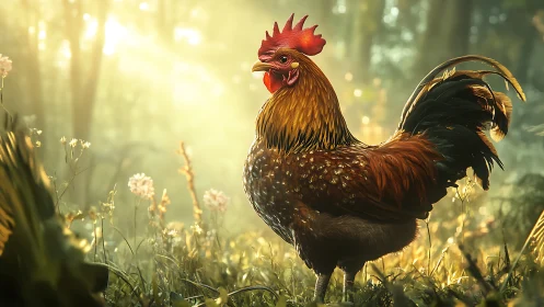Photorealistic Rooster Portrait in Pastoral Meadow with Golden Light