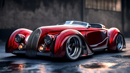 Rendered low-profile red roadster is parked in an empty warehouse