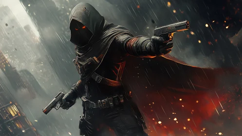 Hooded cyber assassin aims twin pistols in burning rain