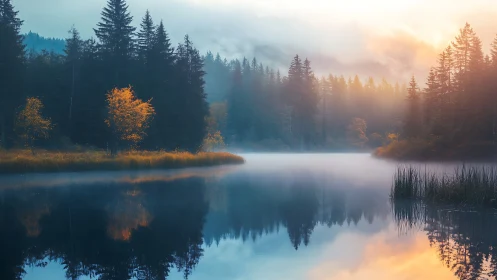Misty forest lake reflects autumn trees at sunrise
