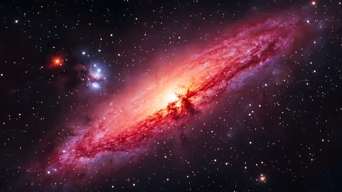 Bright spiral galaxy core glows in red star field space.