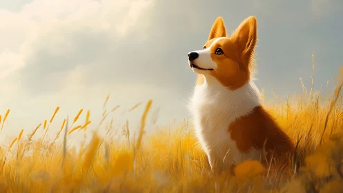 Corgi dog in golden field under soft cloudy daylight.