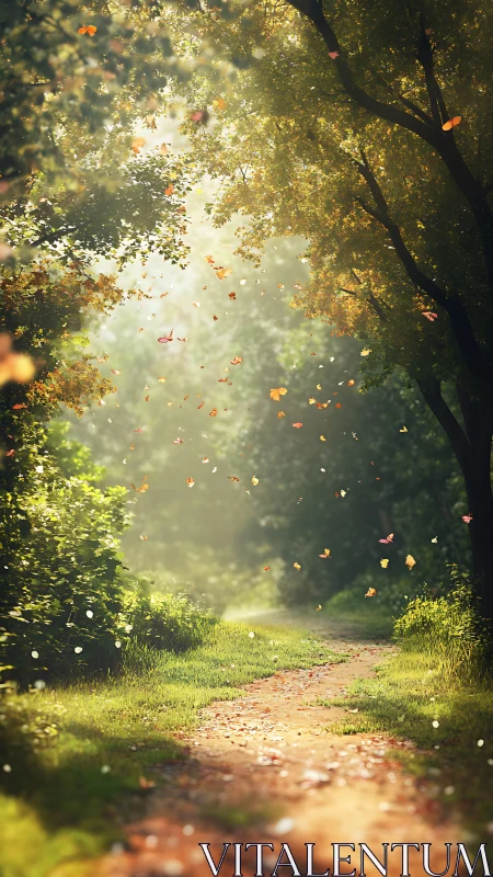 Autumn Canopy: Golden Leaves Descend Through Luminous Forest Corridor