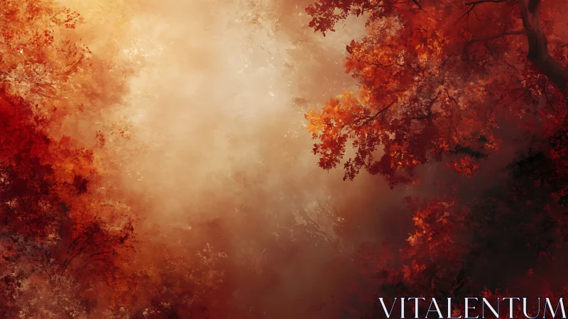 Autumn's Inferno: Whispered Flames Dancing Through Misty Canopy.