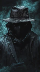 Shadowed figure in weathered hat emerges from cyan fog.