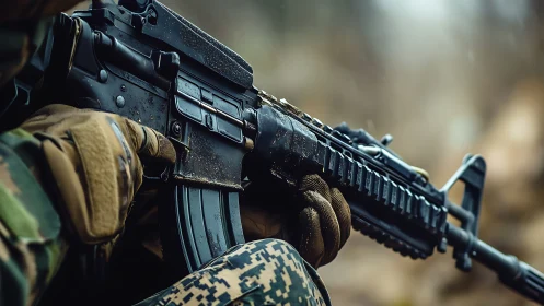 Focused soldier holds rifle with calm, steady resolve.