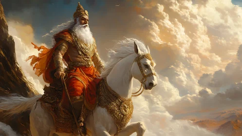 Regal armored elder riding white horse through clouds.