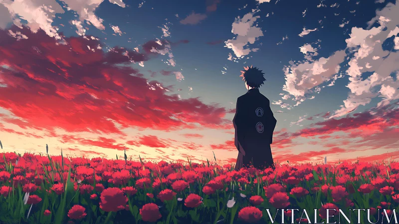 Solitary cloaked figure in poppy field beneath crimson dusk sky