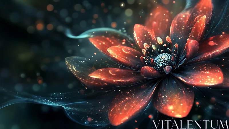 Digital macro render depicts luminous abstract flower structure