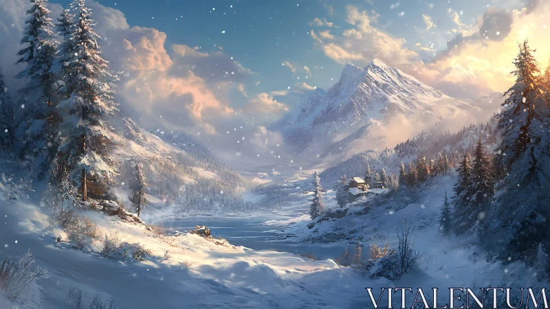 Golden hush over a tranquil winter mountain valley.