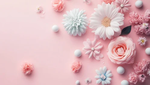 Floral objects and spheres are arranged on a pastel surface