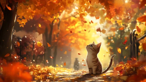 Curious Kitten Catching Autumn Leaves in Golden Light