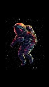 Neon-lit astronaut drifting through deep starfield void.