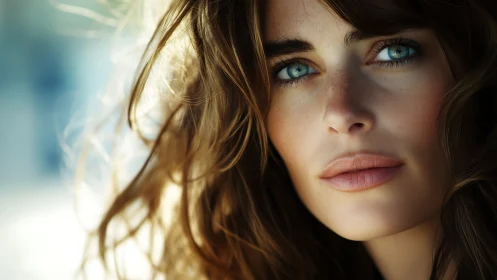 Portrait captures intense blue-eyed gaze in soft daylight