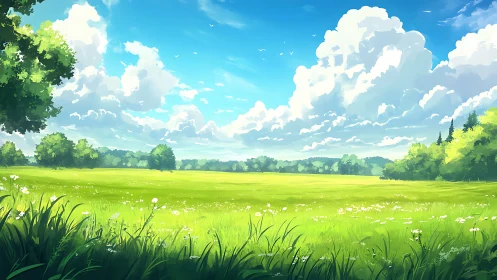 Open grassy field under cumulus cloud formations at midday.