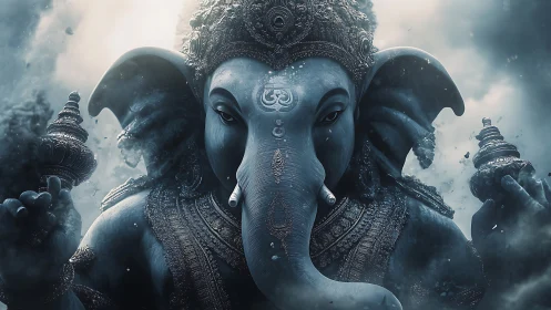 Majestic blue elephant deity rendered in cinematic mist.