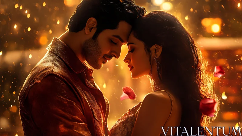 Couple in Golden Hour Embraces with Particle Light Effects