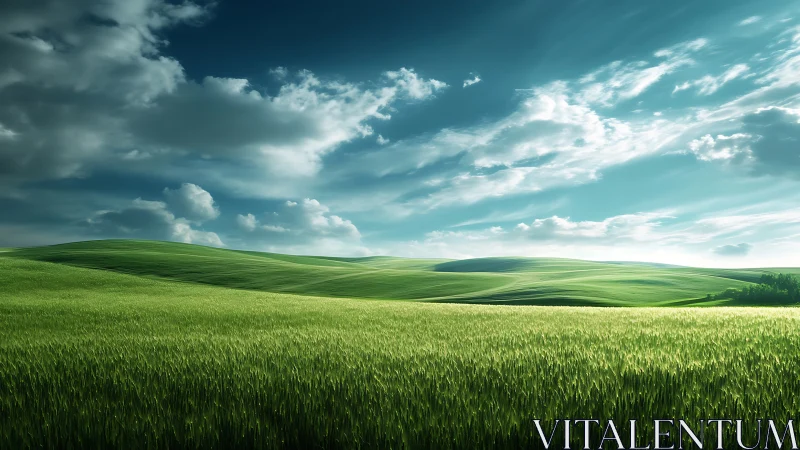 Sunlit green hills under a calming, wide open sky.