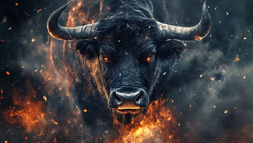 Inferno-horned bull emerging through stormfire and smoke.