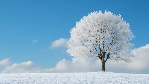 Frost laden winter tree under clear azure sky on hillside.