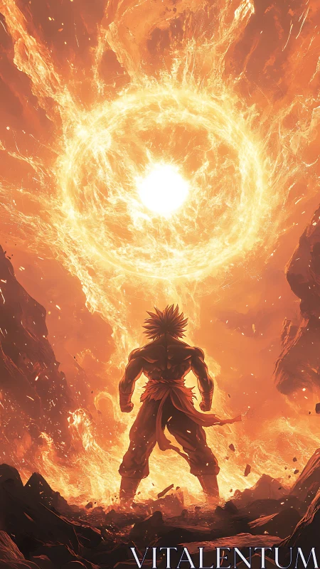 Warrior stands before colossal fiery energy vortex