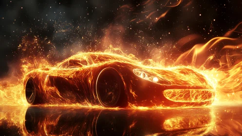 Flaming supercar surges through darkness in blazing motion
