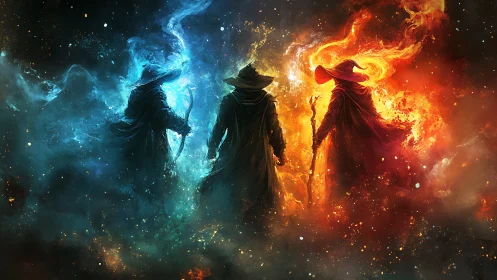 Three elemental mages argue quietly in a roaring nebula