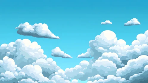 Digital cartoon sky with fluffy cumulus cloud layers.