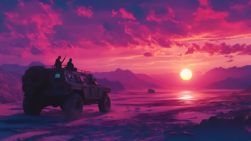 Armored off-road vehicle at neon magenta desert sunset