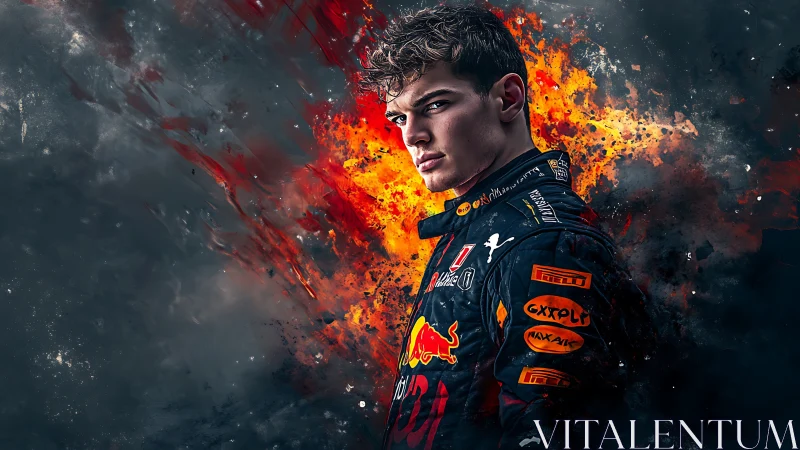 Digital portrait of race driver amid explosive fiery backdrop