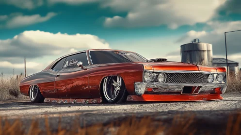 Custom lowrider muscle car under dramatic rural sky.